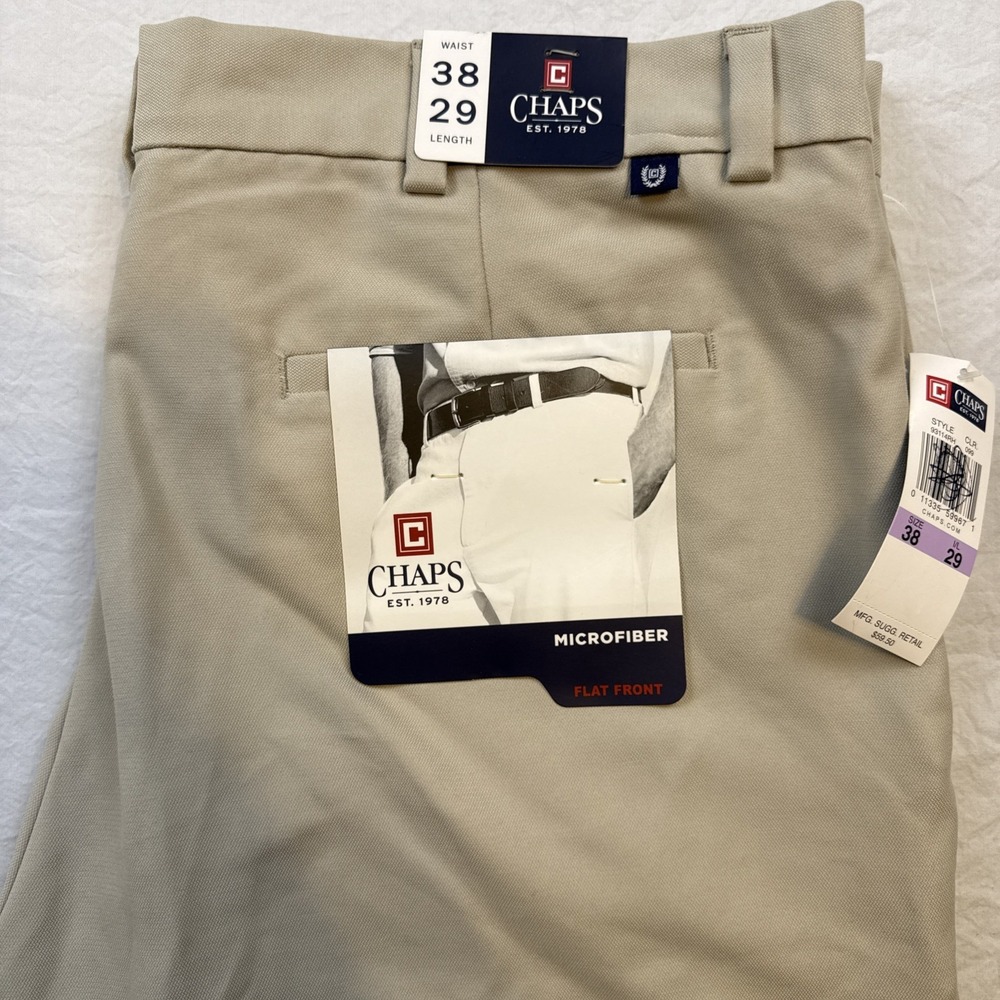 CHAPS Microfiber Pants Mens 38x29Beige Performance Golf Flat Front Comfort nwt